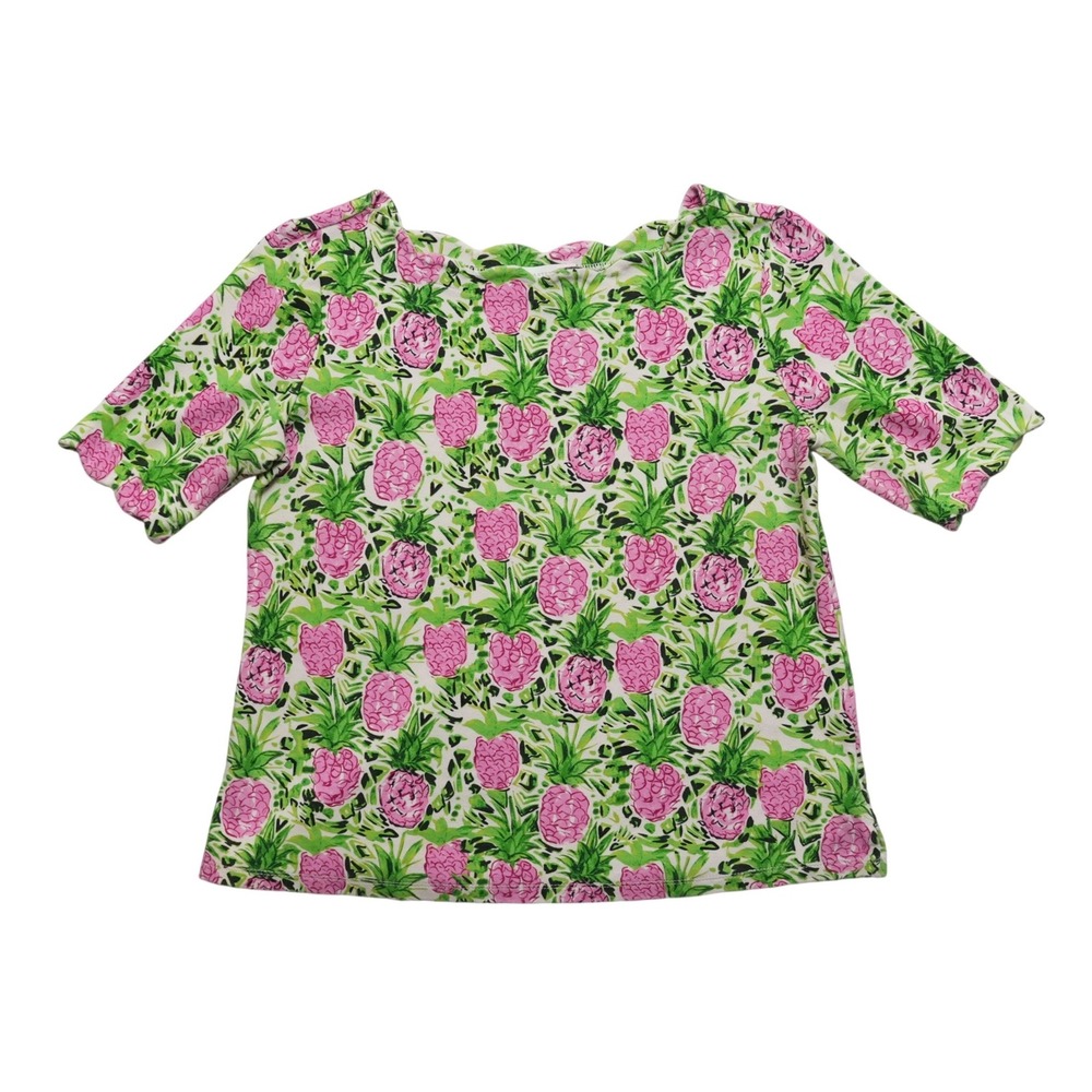 Charter Club Petite MP Pineapple Top Pink Green‎ Scalloped Neck Stretch